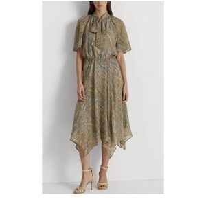 Ralph Lauren Vintage Inspired Paisley Midi Dress Tie Neck Earthy Aesthetic 
8